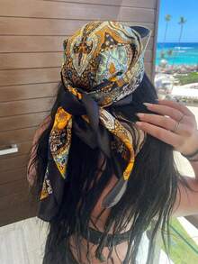 1pc Bohemian Style Paisley Print Satin Scarf, Elegant Casual Headscarf Shawl For Daily Wear, Sun Protection - Black - View 2