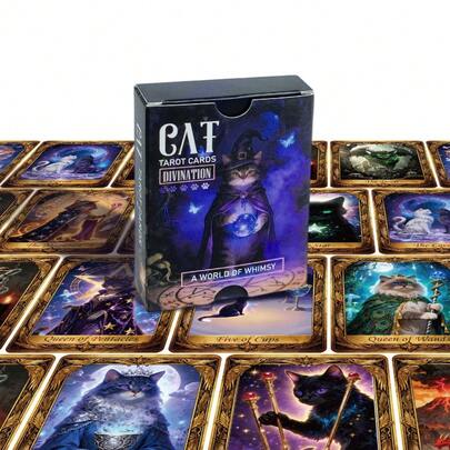 1 Set Of 50pcs Cat Themed Tarot Cards - Cat Tarot Divination Game Cards, Tabletop Divination Game, Suitable For Cat Lovers, Creative Cat Art Tarot Cards, Suitable For Beginners And Collectors