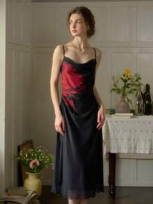 Simple Retro Women's Spring And Summer Models Holiday Style Positioning Jacquard Collision Elegant Retro Temperament Swing Collar Mid-Length Halter Dresses - Black - View 3