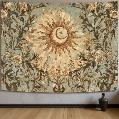1 pieza, Tapiz con diseño de sol y luna, Tapiz de pared bohemio vintage, Decoración floral de sol y luna, Tapiz de pared con escena misteriosa retro, Gran lienzo de poliéster, Tapiz decorativo estético para sala de estar, dormitorio, dormitorio, decoración del hogar