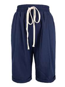 Women's Solid Color Drawstring Waist Pocket Casual Bermuda Shorts Summer - Navy Blue - View 2