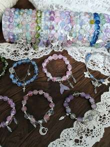 20pcs Mix Glass Beads Bracelets - Heart Star Butterfly Daisy Flower Metal Charms & Spacers Boho Stretch Stackable Jewelry For Women Teen Girls - 20塊混合裝 - 查看 6