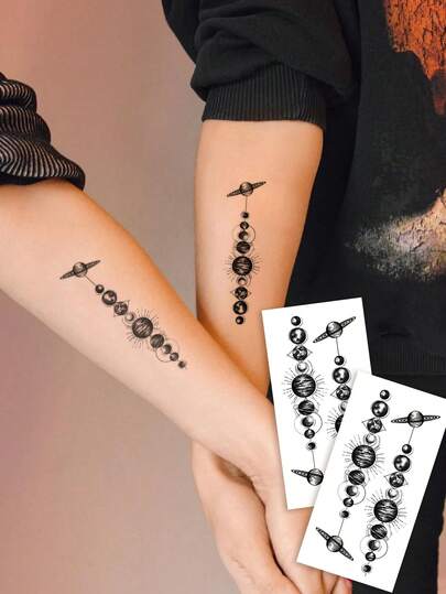 STARTTOOS 2pcs Small Floral Arm Tattoo Stickers - Black Personality Planet Pattern Temporary Fake Tattoos, Suitable For DIY, Anime Conventions, Carnival, Music Festivals, Valentine's Day, Party Holidays, Waterproof Realistic Tattoo Stickers For Wrist, Ankle, Shoulder, Neck, Collarbone, Body Skin