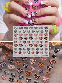 4pcs Sweet & Cool Girl Heart & Bow Tie Series Embossed Nail Art Stickers - Dopamine Colorful Leopard Print Heart, Bow Tie, Lace Trim, English Letters DIY Design, Suitable For Women's Daily, Wedding, Holiday One-Time Self-Adhesive Nail Decals, Cartoon & Sweet Theme, Easy To Apply Nail Decorations Nails - Multicolor - View 3