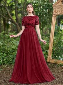 Faeriesty Elegantes Abendkleid für Damen mit floraler Pailletten-Stickerei, kurzen Ärmeln, Tüll, A-Linie, Maxilänge, für Hochzeitsgäste - Rot - Übersicht 3