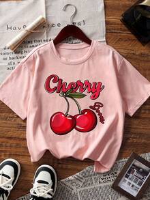 1件少女樱桃印花短袖T恤，学生儿童夏季上衣 - 粉色 - 查看 5