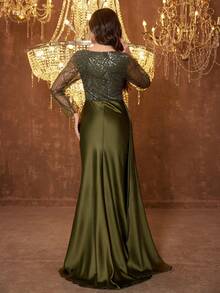 UNITHORSE Women's Square Neck Long Sleeve Sequin Patchwork Satin Evening Dress - Olive Green - View 2