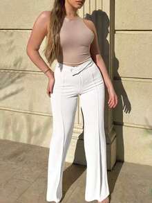 Women's Minimalist Solid Color High Waist Straight Leg Casual Long Coat, Suitable For Business, Party Or Commuting White Spring - White - View 3