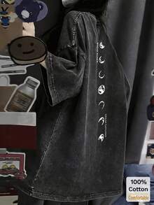 Oversized Vintage Black Washed Long Sleeve T-Shirt For Women, Moon Print Pattern Summer Casual - Black - View 6