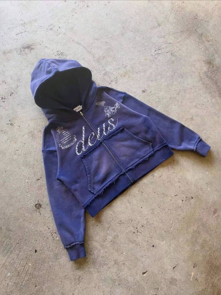 Printed Sweater Long Sleeve Pullover Hoodie Vintage Jacket Street - 藍色 - 查看 1