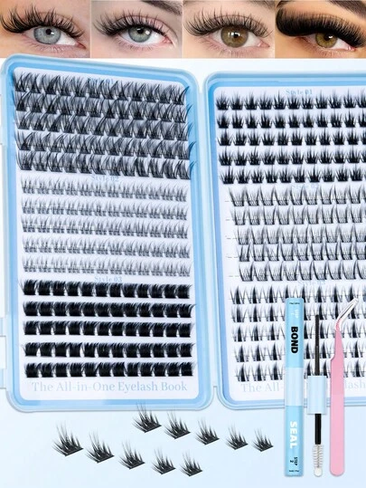 340pcs Cluster False Eyelashes, Mixed Curly Lash Extension Set, D-Curl Voluminous, DIY Lash Extension Kit, Soft Individual Lashes, Create Natural Y2K Makeup Look, Easy DIY Long-Lasting Lash Glue Sealing, DIY Lash Tweezers