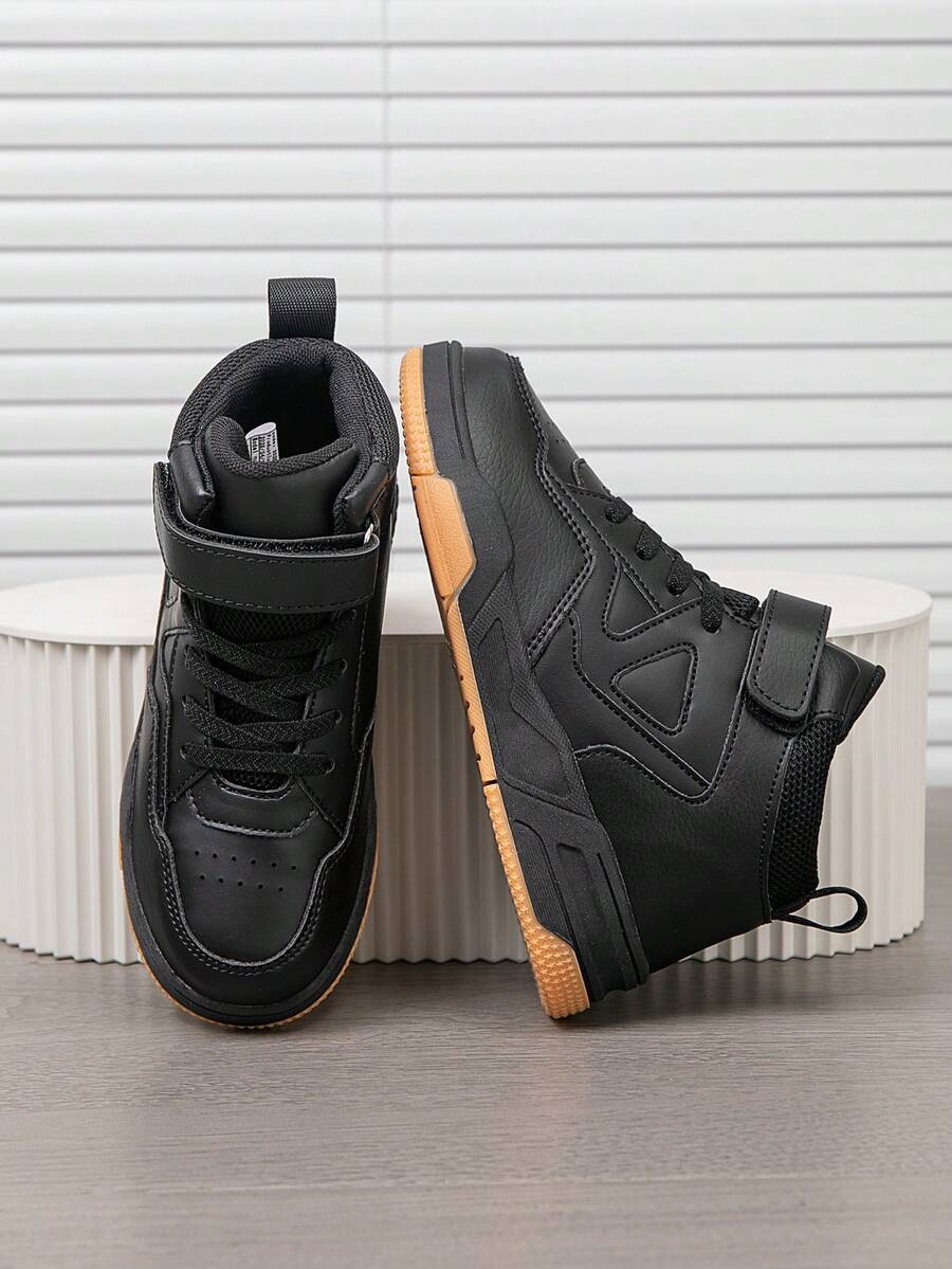 1 Pair Kids High-Top Breathable Casual Running Shoes, Easy On/Off, Lightweight & Comfortable, Fashionable Color Block Design, Suitable For Boys & Girls - Black - View 1