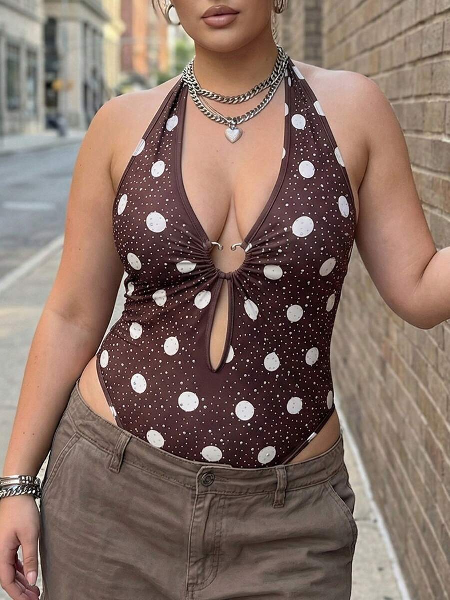 Women's Halter Bodysuit Stylish Hot-Fix Rhinestone Design Slim Fit Deep V Neck Sleeveless Leotards - Light Brown - View 1