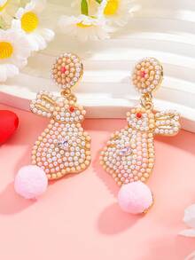 2Pairs Handmade Easter Bunny Seed Bead Dangle Earrings Set For Women, Glittery Rhinestone Grey-Orange & Pink-White Rabbit Drop Earrings With Pom Pom, Daily Party Vacation Easter Gift - Multicolor - View 3