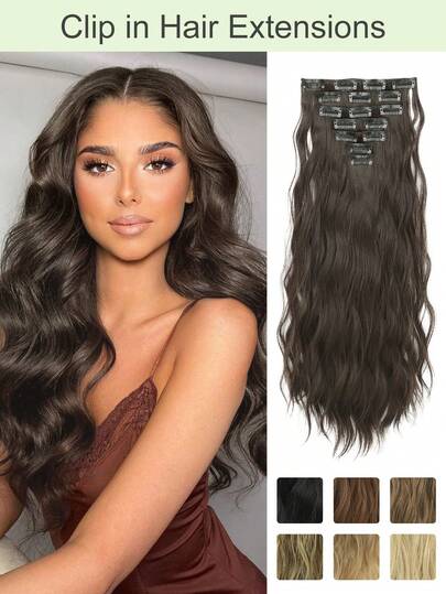 Tóc nối kẹp bằng sợi tổng hợp, dài, gợn sóng, 7 miếng, dày, tự nhiên và mềm mại, dài 20 inch dành cho nữ.