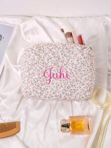 客製化刺繡化妝包，可客製姓名，粉色花卉格紋絎縫化妝包，伴娘新娘化妝收納袋，適用婚禮與新娘派對，大容量旅行化妝包，送禮首選 - 彩色 - 查看 3