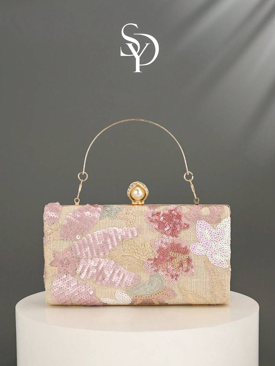 1pc New Floral Sequin Handbag, Vintage Sequin Embroidered Flower Chain Shoulder Bag, Mini Box Bag, Suitable For Party Girls, Brides, Newlyweds And Office Ladies For Party, Ball, Wedding (Pattern Random) - Pink - View 1