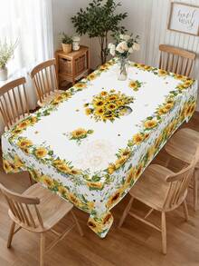 1 pieza Mantel con diseño de girasol, mantel redondo o rectangular de poliéster con estampado floral y de abeja amarillo girasol de primavera/verano, 2 opciones de tamaño, mantel duradero de estilo rústico para decoración de mesa de cocina y comedor en el hogar, adecuado para fiestas de primavera/verano, picnics, cenas, cumpleaños, decoración de bodas - Multicolor - View 3