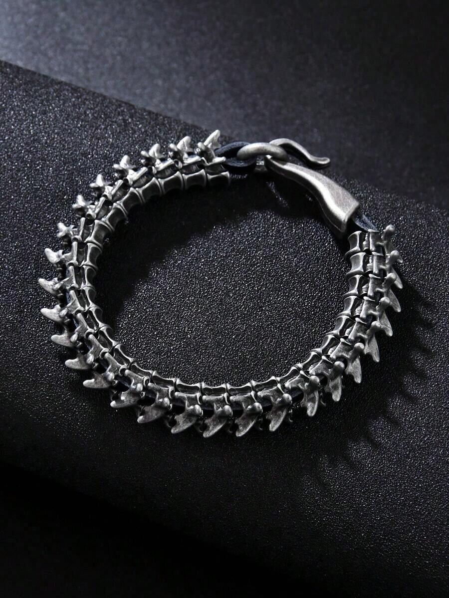 1pc Men's Fashion Hop Style Dark Gothic Spine Zinc Alloy PU Leather Bracelet - Bạc cổ - Xem 1
