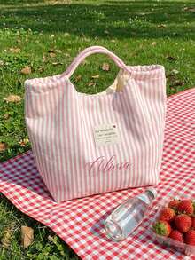 Customizable Personalized Name Retro Striped Handbag With Name Logo And Floral Text, Underarm Tote Bag, Retro Striped Canvas Handbag, Lightweight And Large Capacity Casual Fashion - Multicolor - View 2