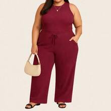 Conjunto Plus Size Canelado Pantalona Wide Leg Com Bolso Regata Canelada Feminina - Vinho - Visão 1