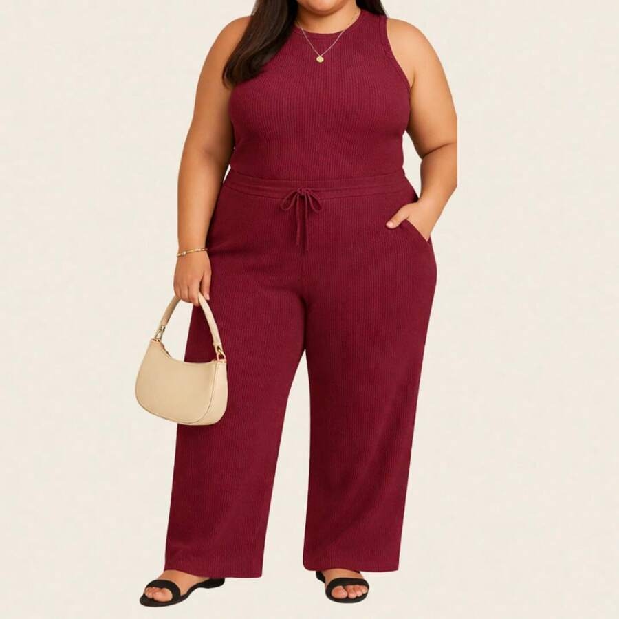 Conjunto Plus Size Canelado Pantalona Wide Leg Com Bolso Regata Canelada Feminina - Vinho - Visão 1