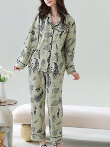 2pcs Women Cardigan Pajama Set, Long Sleeve Top And Pants, Soft Homewear For Spring And Autumn - Olive Green - View 3