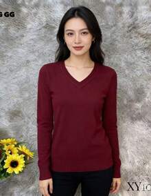 WOMEN'S LONG SLEEVE KNITTING BLOUSE WINTER BASIC ROUND NECK SWEATSHIRT - Burdeos - Ver 3