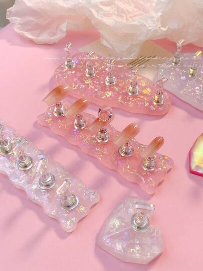 Nail Art Decorations Set: Resin Powder Holographic Heart Sequins, White/Pink/Transparent Long Teardrop Diamond Nail Tips, Korean Style Aurora Holographic Chess Pieces For Nail Art Practice, Metal Nail Polish Display Stand, Nail Art Accessories, Nail Stickers, Photography Props