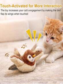 互动猫玩具，不会飞，拍打翅膀的小鸟造型，可拆卸毛绒玩具，USB充电，模拟鸣叫声，适合小猫玩耍。 - 棕色 - 查看 3