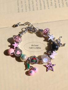 1pc Pink Leopard Print Star Girl Charm Bracelet, 1pc Cherry Heart 8 Ball Bracelet, 1pc Cute Bow Bracelet, 1pc Pink Star Cherry Bracelet - Silver - View 8