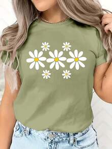 Valentine's Day European And American Spring Summer Women's Clothing Small Daisy Print Casual T-Shirt Loose And Comfortable Summer Tops White Top - 抹茶綠 - 查看 12