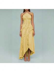 Nuevo vestido de verano con cuello halter sin mangas, encaje irregular y abertura, con sensación de alta gama para mujer - Blanco - Ver 3