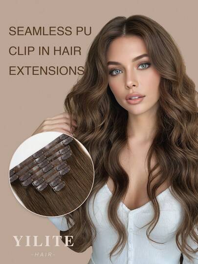 Yilite Extensions de cheveux à clipser sans couture de 14 à 20 pouces, cheveux humains réels, #4 Chocolat Brun, Extensions de cheveux à clipser en cheveux humains réels Remy, Trame en peau PU invisible, Extensions de cheveux à clipser naturelles en cheveux humains réels Remy