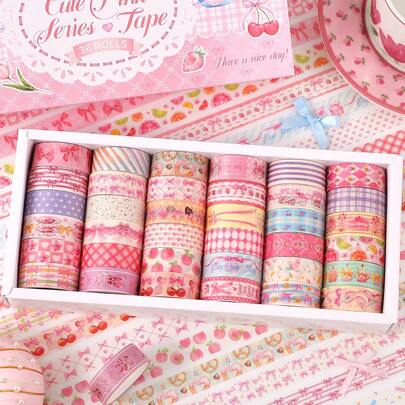 36 Rolls Pink Washi Tape Set, 2m Long, Gifts Decorative Masking Tapes, Cute Macaroon Color, Cherry & Dessert Themes Planner Accessories For Women, Students, Scrapbooking, Journaling, DIY Crafts, Bullet Journal