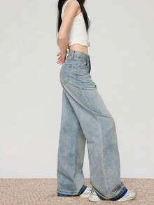 YEAE | 女士阔腿牛仔裤，带纽扣口袋和拉链细节，长款无弹力派对风 - 中等水洗藍 - 查看 2