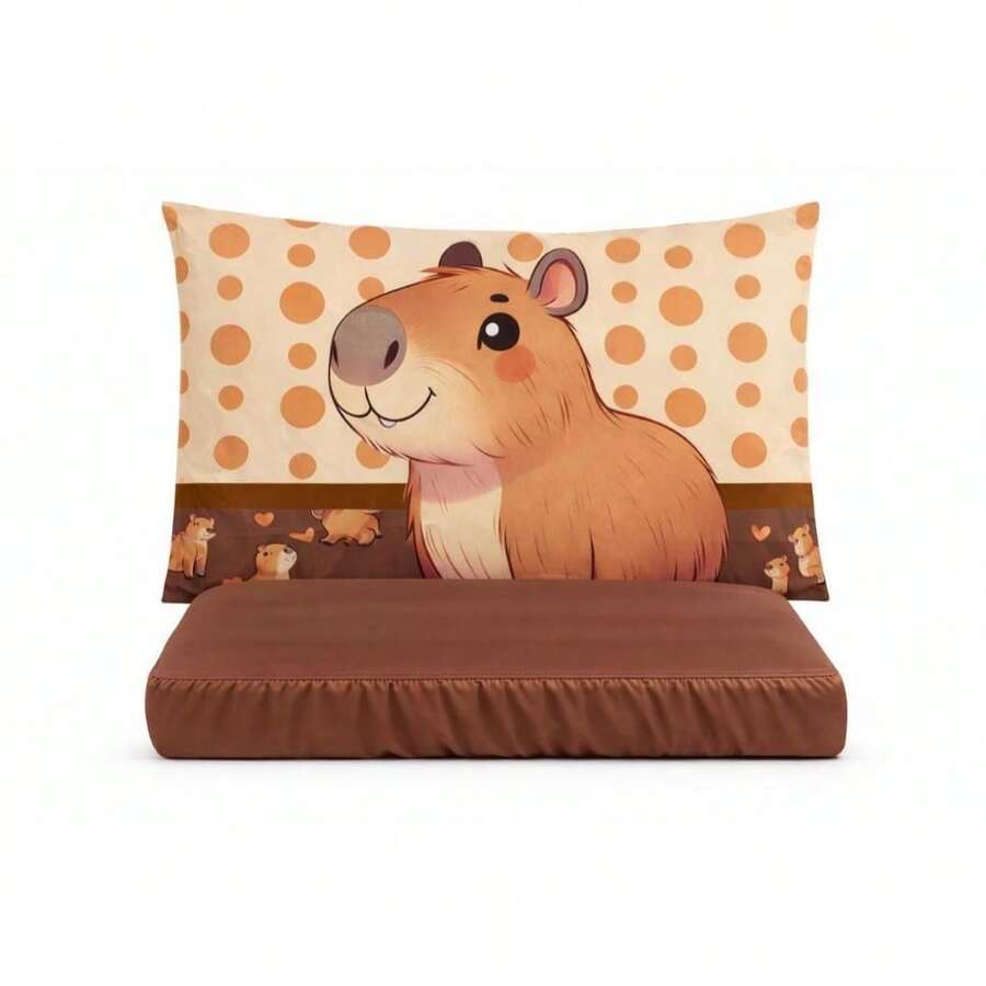 Kit 02 Pecas  Lencol Para Cama Solteiro Capivara Infantil Juvenil com fronha Personalizada Estampada - Capivara Marrom - Visão 1