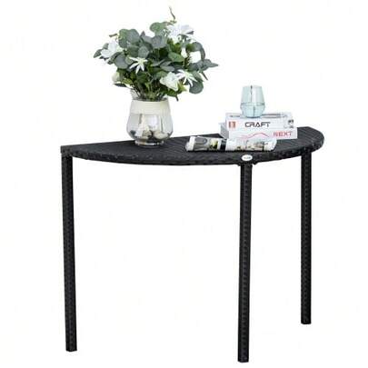 Semi-Circular Side Table For Balcony Or Garden, Made Of Polyrattan And Black Metal, 100 X 50 X 74 Cm, Ideal For Terrace And Balcony.