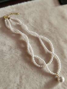 1pc French Elegant Girl Pearl Pendant Double Layer Twisted Pearl Necklace, Versatile Fashionable Choker Necklace - White - View 2
