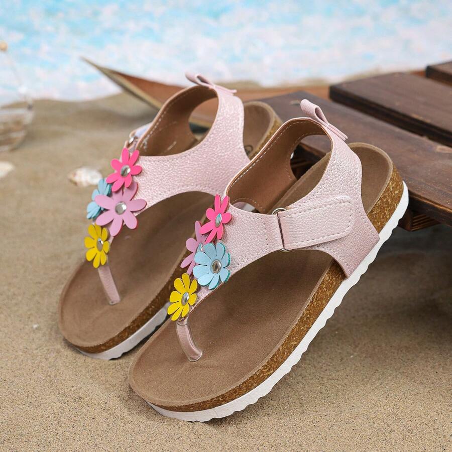 Chanclas con decoración de flor lindas para niños, transpirables y ligeras, apropiadas para playa, vacaciones y fiestas - Rosa - Ver 1