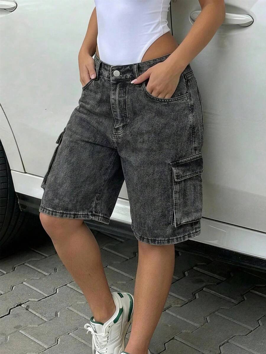 Shorts vaqueros bermudas casuales con bolsillos y efecto desgastado para mujer - Gris - Ver 1