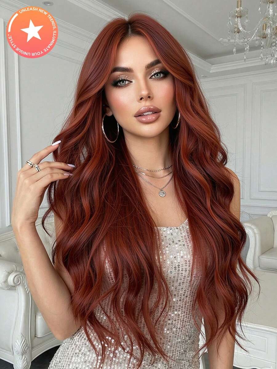FIVE STARS 26Inch Synthetic Deep Wave, Auburn Red Middle Part Layered Cut, Voluminous Long Style, Fashion Accessory For Cosplay, Party, Halloween & Christmas - Redwood - View 1