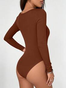 PRETTYGARDEN Women Spring Bodysuits For Long Sleeve Shirts Fitted Basic Ribbed Layering Bodys Tops Fall Fashion Winter Clothes Camel Vacation Rompers Outfits For Women - Camel - View 2