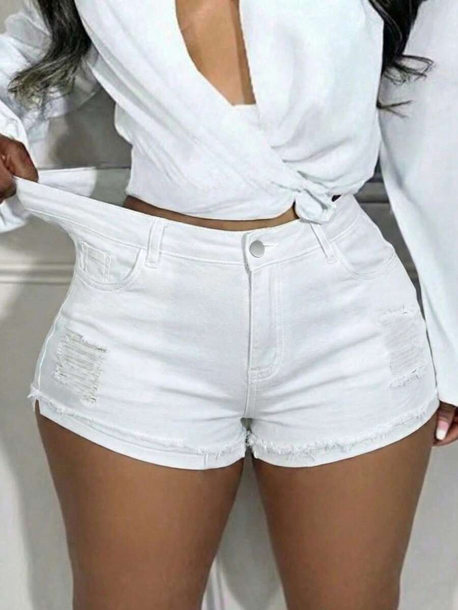 Women's Distressed Denim Shorts, Sexy And Fashionable Combination - White - View 1