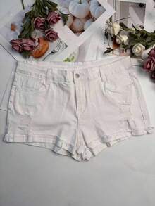 Women's Distressed Denim Shorts, Sexy And Fashionable Combination - White - View 5