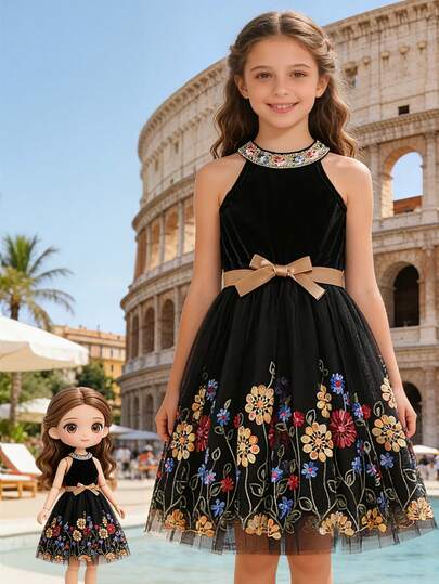 Girls' Vacation Style Sleeveless Floral Embroidered Dress With Neckline Ruffle, Comes With Belt, Suitable For Outdoor Activities, Beach Vacation, Valentine's Day Party, Festivals, And Everyday Wear