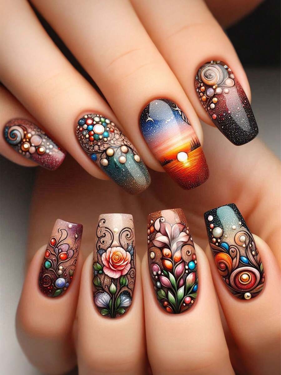 24片装深色按压式美甲，长棺材形，花朵图案，带胶水，日落图案亚克力美甲设计，全覆盖花朵太阳假指甲，粘贴式美甲，适合女性和女孩 - 彩色 - 查看 1