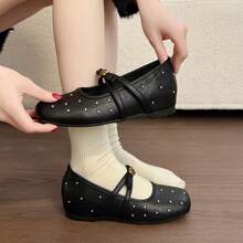 Vintage Starry Rivet Hidden Wedge Single Shoes Women 2026 Spring New Slimming One-Strap Square-Toe Mary Jane Shoes - Cam Đen - Xem 4