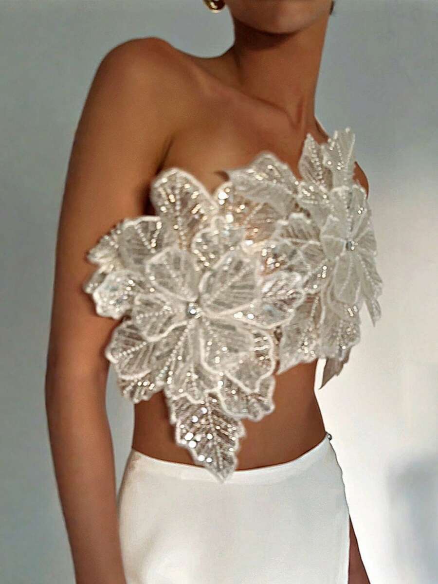 Women's Crystal Sequin Embroidered Floral Tops Y2K 3D Floral Tube Tops One Shoulder Back Silk Tie Crop Tops Party Backless Slim Fit Sleeveless Tank Club Evening Clothes Summer Fashion Outfit, Multiple Ways To Wear - Trắng - Xem 1