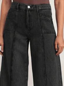 新款时尚女式宽松弹力腰阔腿牛仔裤，高品质休闲服饰，春季款 - 黑色 - 查看 4